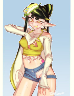 black_hair blonde_hair blue_background blush blush_lines border clothed clothing cross_pupils ear_piercing eyelashes female front_view hair humanoid_pointy_ears looking_at_viewer mole_under_eye multicolored_hair navel nipple_outline piercing pointy_ears pseudo_hair simple_background solo tan_body tan_skin tentacle_hair tentacles thick_thighs tongue tongue_out twintails_(hairstyle) two_tone_hair white_border wide_hips yellow_eyes yellow_tongue killartxxx nintendo splatoon callie_(splatoon) animal_humanoid aquatic aquatic_humanoid cephalopod cephalopod_humanoid humanoid inkling mollusk mollusk_humanoid squid_humanoid absurd_res hi_res