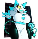 anthro big_breasts big_butt blue_accents blue_ears blue_hair blush blush_stickers breasts butt clothing dress_shirt female floating_hands glowing hair huge_breasts machine shirt simple_background solo tail thick_thighs topwear whip wide_hips yellow_eyes purrmystique deltarune undertale_(series) tasque_manager android darkner felid feline mammal robot digital_media_(artwork) hi_res