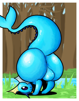 anus ass_up backsack balls bent_over big_balls big_butt blue_body butt feral fin fish_tail forest_background genitals glistening glistening_body glistening_butt huge_butt looking_at_viewer male one_eye_closed outside presenting presenting_hindquarters quadruped raised_tail river solo tail wink winking_at_viewer pincoosh nintendo pokemon eeveelution generation_1_pokemon pokemon_(species) vaporeon digital_media_(artwork) hi_res signature