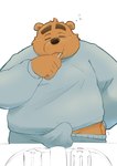 anthro balls_outline black_nose brown_body brown_fur brush brushing brushing_teeth bulge clothing detailed_bulge erection eyes_closed fur genital_outline kemono male morning_wood overweight overweight_male pajamas penis_outline solo tired 0ottotto0 bear mammal 2024 absurd_res hi_res