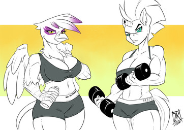 amber_eyes anthro anthrofied blue_eyes bottle breasts broken_horn cleavage clothed clothing container dumbbell duo exercise feathered_wings feathers female green_eyes horn looking_at_viewer midriff muscular muscular_anthro muscular_female navel non-mammal_breasts water_bottle weightlifting weights wings workout yellow_eyes zwitterkitsune friendship_is_magic hasbro my_little_pony my_little_pony:_the_movie_(2017) mythology gilda_(mlp) tempest_shadow_(mlp) avian equid equine gryphon mammal mythological_avian mythological_creature mythological_equine unicorn 2020 restricted_palette signature