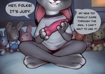 2022 3_toes animal_dildo animal_sex_toy anthro barefoot bed bedroom buckteeth canine_dildo clothed clothing dialogue dildo disney english_text feet female fur furniture grey_body grey_fur hi_res judy_hopps lagomorph leporid mammal multicolored_body multicolored_fur on_bed paws plantigrade plushie qupostuv35 rabbit sex_toy smile solo teeth text toes two_tone_body two_tone_fur white_body white_fur zootopia