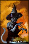 2022 anthro banoncat blue_eyes boiling_water cauldron claws clothing fangs fur grey_body grey_fur halloween hat headgear headwear hi_res holidays looking_at_viewer magic_user male open_mouth open_smile raised_tail smile solo steam tail teeth witch