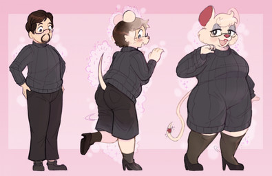 anthro beard black_clothing black_footwear black_hair black_high_heels blush bottomwear butt camel_toe clothing eyewear facial_hair female footwear fur gender_transformation glasses growth hair high_heels human_to_anthro male mtf_transformation on_one_leg open_mouth pants shoes simple_background slightly_chubby smile solo sparkles species_transformation standing sweater tail tail_growth topwear transformation weight_gain white_body white_fur pawberry human mammal mouse murid murine rodent 2023 digital_media_(artwork) hi_res