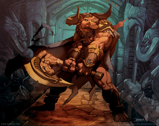 abs anthro armor axe biceps biped bottomwear bracelet brown_body brown_fur cape clothing fur horn jewelry loincloth male melee_weapon muscular muscular_anthro muscular_male pecs pose solo standing underwear weapon el-grimlock european_mythology greek_mythology mythology bovid bovine mammal minotaur