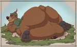 anthro belly big_belly big_butt butt bycocket claws clenched_teeth clothed clothing duo finger_claws grass hat hat_feather headgear headwear huge_belly huge_butt hyper hyper_belly loose_feather lying male male/male obese obese_anthro obese_male on_front overweight overweight_anthro overweight_male pantsless pawpads plant rock shirt smirking_at_partner tail teeth toe_claws topwear tunic under_belly teaselbone little_john bear hyena mammal 2025 digital_media_(artwork) hi_res shaded signature