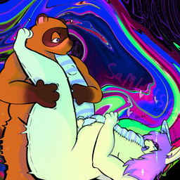 ahegao ambiguous_gender anthro bangs begging bodily_fluids drooling duo fluffy fluffy_hair from_front_position genitals hair half-closed_eyes long_hair looking_pleasured male male/ambiguous narrowed_eyes open_mouth penis plushie saliva stitched_body stripes samwafflez animal_crossing nintendo bug_(samwafflez) tom_nook_(animal_crossing) animate_inanimate canid canine lagomorph leporid living_plushie mammal patchwork_creature rabbit raccoon_dog tanuki 1:1 cool_colors hi_res