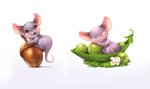 acorn ambiguous_gender brown_eyes comically_large_object daww feral food fruit fur grey_body grey_fur legume micro nut_(fruit) pea_(food) plant simple_background solo vegetable white_background yana_cot mammal mouse murid murine rodent multiple_images