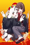 anthro asian_clothing blush bottomwear brown_hair clothing colorful_background duo east_asian_clothing feet footwear fur gesture hair hakama hand_gesture haori holidays japanese_clothing kimono male open_mouth pale_skin paws red_eyes smile socks tabi_socks v_sign white_body white_fur young zori porygonleft new_year undertale undertale_(series) asriel_dreemurr chara_(undertale) boss_monster_(undertale) bovid caprine goat human mammal colorful_theme hi_res