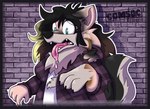 anthro black_border blue_eyes bodily_fluids border clothed clothing drooling female fur hair mid_transformation open_mouth saliva simple_background solo species_transformation tail tongue tongue_out transformation com50c canid canine human mammal digital_media_(artwork)