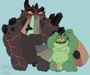 anthro balls duo erection flaccid genitals glans green_body horn larger_anthro male male/male moobs muscular muscular_male nipples nude overweight overweight_male penis rock size_difference smaller_anthro smile yellow_sclera pondart_studios amphibia_(series) disney barrel_the_brave amphibian elemental_creature frog mineral_fauna monster rock_creature toad_(frog) 2025 hi_res