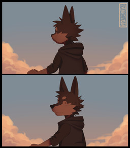 anthro black_body black_border black_clothing black_hoodie black_topwear border clothing cloud eyebrows hoodie looking_at_viewer male orange_eyes sky skyscape solo topwear white_eyebrows white_face koiyaroid chris_(koiyadroid) canid canine canis domestic_dog husky mammal nordic_sled_dog spitz absurd_res hi_res signature