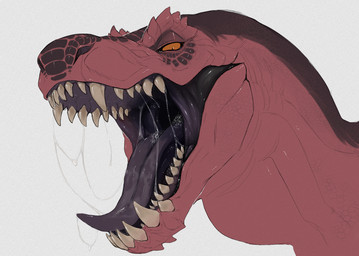 ambiguous_gender bodily_fluids dark_mouth dark_tongue fangs feral gums mouth_focus mouth_shot multicolored_body open_mouth orange_eyes pink_body pink_scales purple_body purple_scales ridges saliva saliva_bubble saliva_on_tongue saliva_string scales scutes sharp_teeth simple_background solo supraorbital_ridge teeth tongue white_background chillingsmite capcom monster_hunter anjanath brute_wyvern dinosaur prehistoric_species reptile saurischian scalie theropod 2025 colored colored_line_art headshot_portrait hi_res portrait shaded
