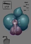 anthro anus backsack balls big_balls bodily_fluids cum cum_from_ass cum_in_ass cum_inside free_use gaping gaping_anus gay_male genital_fluids genitals hole_in_wall lube_bottle male puffy_anus solo teal_body text wholle unknown_species 2024 digital_media_(artwork) hi_res shaded