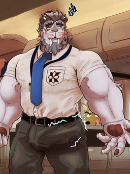 aircraft airplane anthro barazoku belt biceps big_bulge black_belt blue_necktie blush bottomwear braided_hair bulge claws clothing detailed_bulge employee_badge erection eye_scar facial_scar fangs finger_claws flight_attendant fur genital_outline grey_body grey_bottomwear grey_clothing grey_fur grey_hair grey_pants hair inside inside_airplane luggage male muscular muscular_anthro muscular_male necktie nipple_outline one_eye_closed pants pawpads penis_outline sabertooth_(anatomy) scar seat shirt solo teeth topwear vehicle vein veiny_muscles white_clothing white_shirt white_topwear yellow_body yellow_fur sakko_haruu anothereidos_of_dragon_vein_r ivar_(anothereidos_r) canid canine felid mammal prehistoric_species saber-toothed_tiger 2025 3:4 hi_res