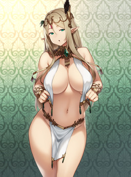 5_fingers big_breasts blonde_hair bottomwear bracelet breast_curtains breasts circlet cleavage clothed clothing curvy_figure ear_piercing ear_ring emerald_(gem) eyebrows female fingers gem gold_(metal) green_eyes hair huge_breasts jewelry light_body light_skin loincloth looking_at_viewer midriff navel nipple_outline no_underwear not_furry pale_skin pelvic_curtain piercing pouting ring_piercing ruby_(gem) skimpy small_waist solo thick_thighs wide_hips houtengeki lily_(houtengeki) elf humanoid mammal hi_res