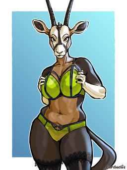 5_fingers anthro belly bra brown_eyes brown_hair clothing curvy_figure female fingers front_view fur green_clothing hair hand_on_chest horn lace legwear lingerie looking_at_viewer mature_female multicolored_body multicolored_fur panties slightly_chubby solo standing stockings underwear carduelis antelope bovid gemsbok grazing_antelope mammal oryx hi_res