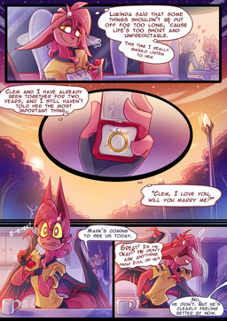 anthro clothed clothing digit_ring duo evening female fur gloves hair handwear horn jewelry male outside piercing red_body red_fur red_hair ring solo star tattoo text wedding_ring ripli a_story_with_a_known_end clementine_(aswake) jonty felid feline mammal comic english_text