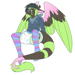 anthro biped clean_diaper clothed clothing diaper exposed_diaper eyewear feathers fully_clothed fur glasses hair horn kerchief legwear littlepawz_(diaper) male multicolored_body multicolored_feathers multicolored_fur multicolored_hair shirt simple_background sitting solo stockings tail topwear wearing_diaper white_background wings unknown_artist abuniverse littlepawz mythology twixxel_minty angel_dragon dragon mythological_creature mythological_scalie scalie 1:1 source_request