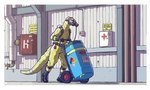 air_hose ambiguous_gender anthro barrel biped border breathing_apparatus clothed clothing female gas_mask hazmat_suit mask patreon_logo red_body solo text white_border darbaras patreon lizard reptile scalie 2022 english_text hi_res url