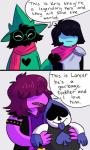 ambiguous_gender clothing dialogue eyewear fur glasses hair hat headgear headwear heart_symbol long_hair male scarf sharp_teeth spades_(suit) suit_symbol teeth text hiirenvirna deltarune undertale_(series) kris_(deltarune) lancer_(deltarune) ralsei susie_(deltarune) bovid caprine darkner goat human humanoid mammal reptile scalie 2018 3:5 comic english_text hi_res