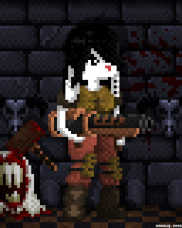 angry anthro armor axe black_hair blood bodily_fluids boots breasts breathing brick_wall clothing ear_piercing female footwear fur gore grenade_launcher gun hair hair_over_eye medium_breasts piercing ranged_weapon severed_body_part severed_head shoes solo wall_(structure) weapon white_body white_fur amaruq_wulfe id_software microsoft quake lagomorph leporid mammal rabbit shambler 4:5 animated digital_media_(artwork) pixel_(artwork)
