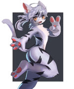 anthro black_markings blinking eyewear female fur gesture glasses grey_body grey_fur hand_gesture markings one_leg_up orange_eyes pawpads raised_leg solo tail v_sign min_furry pupa15078 domestic_cat felid feline felis mammal 2d_animation animated hi_res motion_tweening no_sound webm