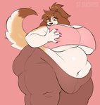 5_fingers anthro belly belly_overhang big_breasts breasts brown_hair cleavage clothed clothing colored_nails female fingers fur hair hand_on_breast huge_breasts morbidly_obese morbidly_obese_female nails navel obese obese_anthro obese_female overweight overweight_anthro overweight_female purple_eyes simple_background solo tan_body tan_fur under_boob saintsucrose june_(largefluffydog) canid canine canis domestic_dog mammal 2024 hi_res