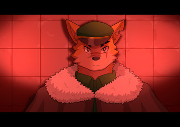anthro black_bars cape clothing hat headgear headwear looking_at_viewer male military_cap military_clothing military_uniform parody red_lighting scar solo uniform dragokaizer666 remember_the_flowers cooper_krager canid canine canis mammal wolf absurd_res hi_res letterbox
