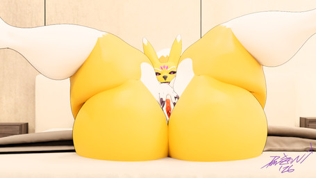 anthro bed bedroom big_butt butt female furniture genitals huge_butt looking_at_viewer lying nude nude_anthro nude_female on_back solo spread_legs spreading thick_thighs vulva yellow_body domizoni raguda_(modeler) bandai_namco digimon digimon_(species) taomon 16:9 2026 3d_(artwork) blender_(artwork) blender_cycles_(artwork) digital_media_(artwork) hi_res widescreen