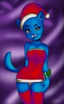 accessory anthro blue_body blue_fur bow_(feature) bow_accessory breasts cleavage clothed clothing dress female fur gift_bow holidays legwear mature_anthro mature_female panties red_nose simple_background solo thigh_highs tube_dress underwear wrist_accessory wrist_bow maddigzlz cartoon_network christmas the_amazing_world_of_gumball nicole_watterson santa_claus domestic_cat felid feline felis mammal