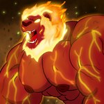 1:1 abs anthro beard biceps big_muscles big_pecs facial_hair felid fire flaming_hair flaming_mane fur glowing glowing_body glowing_eyes glowing_fur glowing_mane glowing_veins hair hi_res lion male mammal muscular muscular_anthro muscular_male nipples nude open_mouth pantherine pecs pseudo_hair pseudo_mane red_body red_fur solo teeth vein yourpaltygar