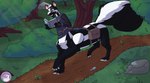 bag book clothing eyewear forest glasses hiking male pawpads paws plant reading shirt sidebag topwear tree tunic hyperchibiabsol emil mammal mammal_taur mephitid mephitid_taur skunk skunk_taur taur absurd_res hi_res