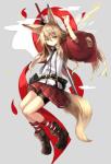 belt blade blonde_hair bottomwear clothing female footwear fox_tail green_eyes hair katana legwear long_hair looking_at_viewer melee_weapon pattern_clothing pattern_legwear simple_background skirt socks solo striped_clothing striped_legwear stripes sword weapon konozawa kokonoe_tsubaki animal_humanoid canid canid_humanoid canine canine_humanoid fox fox_humanoid humanoid mammal mammal_humanoid absurd_res hi_res