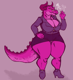 4_fingers anthro big_breasts biped bottomwear breasts cigarette claws cleavage clothed clothing eyewear female fingers footwear front_view glasses high_heels horn huge_breasts lips looking_at_viewer non-mammal_breasts shoes simple_background skirt smoking solo spikes standing suit tail teeth thick_bottom_lip thick_tail thick_thighs wide_hips signirsol adult_swim cartoon_network rick_and_morty interstellar_demon_stripper demon reptile scalie 2017 digital_media_(artwork) full-length_portrait portrait