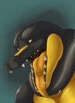 anthro black_body bodily_fluids drooling green_background looking_at_viewer male mouth_shot open_mouth saliva sharp_teeth simple_background solo teeth tongue yellow_body yellow_eyes yellow_tongue stufferzz lex_(stufferzz) alligator alligatorid crocodilian goo_creature reptile scalie colored hi_res