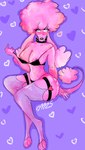 afro anthro big_breasts black_bra black_clothing black_thong black_underwear blue_eyes blush bra breasts clothing collar female fur garter_belt garter_straps legwear nipples pink_body pink_fur solo stockings thick_thighs thong underwear wide_hips lust_mutt canid canine canis domestic_dog mammal poodle absurd_res hi_res