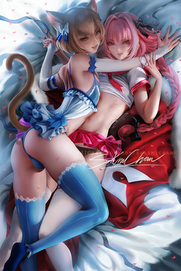 armwear brown_body brown_fur bulge clothed clothing crossdressing duo femboy fur hair hand_holding human_on_humanoid interspecies legwear light_body light_skin long_hair looking_at_viewer male male/male panties pattern_clothing pattern_legwear pink_hair stockings striped_clothing striped_legwear stripes thigh_highs underwear sakimichan fate_(series) re:zero type-moon astolfo_(fate) ferris_argyle animal_humanoid cat_humanoid felid felid_humanoid feline feline_humanoid human humanoid mammal mammal_humanoid 2019 crossover digital_media_(artwork)