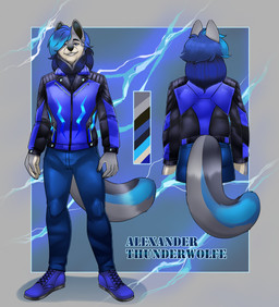 anthro blue_boots blue_bottomwear blue_clothing blue_eyes blue_footwear blue_hair blue_jeans blue_pants boots bottomwear clothing denim denim_bottomwear denim_clothing footwear fur grey_background grey_body grey_fur hair jacket jeans leather leather_clothing leather_jacket leather_topwear looking_at_viewer male navy_shirt pants rear_view shoes simple_background solo standing topwear lunar-haven-studios alexander_thunderwolfe_(chrislshack1998) canid canine canis mammal wolf hi_res model_sheet
