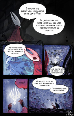 ambiguous_gender anthro bandage bandaged_eye biped black_body black_eyes blue_cloak blue_clothing cave cloak clothing death dialogue duo empty_eyes flashback grief hornet's_needle one_eye_obstructed red_cloak red_clothing sad sitting size_difference solo speech_bubble text white_body enquaston hollow_knight:_silksong hollow_knight_(franchise) team_cherry hollow_knight_(character) hornet_(hollow_knight) arthropod insect vessel_(species) 2025 artist_name comic digital_media_(artwork) english_text hi_res multiple_scenes signature female_(lore) half_sister_(lore) sibling_(lore)