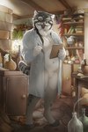 anthro belly clipboard clothing coat detailed_background digitigrade facial_hair feet fingers fur goatee holding_clipboard holding_object holding_pencil holding_writing_utensil inside lab_coat lab_coat_only looking_at_viewer male mustache navel open_lab_coat open_mouth overweight overweight_anthro overweight_male pencil_(object) smile solo standing tail teeth toes topwear white_lab_coat writing_utensil captainskee domestic_cat felid feline felis mammal digital_media_(artwork) hi_res