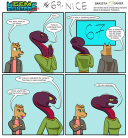 anthro clothing cochlear_implant_processor crossed_arms deaf dialogue female hands_together jacket male number shirt simple_background text topwear whiteboard baristagamerproductions ada_(gem_hunters) alfonso_(gem_hunters) canid canine canis dingo mammal reptile scalie snake absurd_res comic english_text hi_res