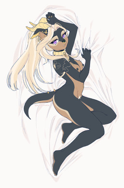 anthro bedding bedding_background black_body black_nipples black_nose blonde_hair breast_piercing brown_body ear_chain ear_piercing ear_ring eyelashes facial_piercing female female_anthro furgonomic_piercing furgonomics hair hip_piercing horn long_hair looking_at_viewer mouth_closed multicolored_hair multiple_piercings muzzle_piercing navel navel_piercing nipple_piercing nipple_ring nipples nose_piercing nose_ring nude piercing pubes pupils purple_eyes ring_piercing septum_piercing septum_ring slit_pupils solo surface_piercing tail tail_piercing two_tone_hair white_hair yellow_horn sonyan mythology canid canine dragon hybrid mammal mythological_creature mythological_scalie scalie hi_res