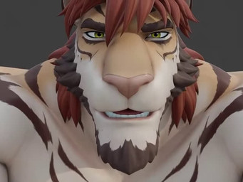 abs anthro barazoku beard brown_facial_hair close-up facial_hair fur green_eyes grey_background hair long_hair looking_at_viewer male muscular muscular_anthro muscular_male orange_body orange_fur pecs pink_nose red_hair simple_background solo striped_body striped_fur stripes teeth white_hair wolfiebare tagore_(wolfiebare) felid mammal pantherine tiger 2025 3d_(artwork) 3d_animation 4:3 animated digital_media_(artwork) short_playtime sound video