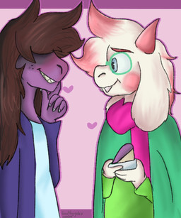 blush brown_hair cake dessert duo eyewear fangs food fur glasses hair happy heart_symbol horn long_hair long_nails pink_hair smile teeth white_body white_fur goatboyalex deltarune undertale_(series) ralsei susie_(deltarune) bovid caprine darkner goat mammal reptile scalie 2018 5:6