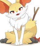 ambiguous_gender anthro biped black_body fur inner_ear_fluff looking_at_viewer open_mouth orange_body orange_eyes orange_fur simple_background smile solo tuft white_background white_body white_fur yellow_body yellow_fur rumine nintendo pokemon braixen generation_6_pokemon pokemon_(species)