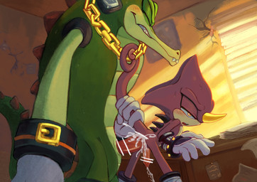 anal anal_penetration animal_genitalia anthro blush bodily_fluids chain_necklace clothing cuffs_(clothing) cum cum_in_ass cum_inside cum_while_penetrated detailed_background duo electronics eyes_closed footwear genital_fluids genital_slit genitals gloves green_body hand_on_tail handwear headphones horn jewelry leaning_on_desk looking_pleasured male male/male male_penetrated male_penetrating male_penetrating_male necklace penetration penis purple_body sex size_difference standing standing_sex tail picklocket sega sonic_the_hedgehog_(series) espio_the_chameleon vector_the_crocodile chameleon crocodile crocodilian lizard reptile scalie digital_media_(artwork)