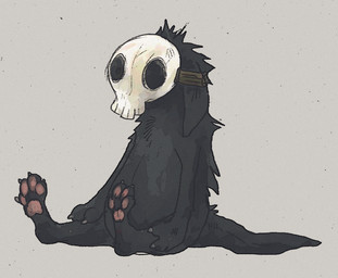 4_toes ambiguous_gender anthro black_body black_fur black_tail bone bone_mask feet floppy_ears fur grey_background hindpaw lop_ears mask monotone_body monotone_fur pawpads paws pink_pawpads simple_background skull skull_mask solo tail toes strawgoatcult demon unknown_species 2026 full-length_portrait portrait