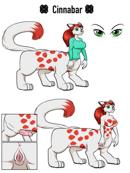 4_legs 4_toes 5_fingers animal_genitalia anus black_nose bottomless bottomless_herm bottomless_intersex bottomless_taur breasts close-up clothed clothing digitigrade dipstick_tail erection eyes_close-up feet fingers fur genital_close-up genitals glans green_eyes hair herm herm_taur intersex intersex_taur long_sleeve_shirt markings nipples nude nude_female nude_taur paws penis penis_close-up ponytail quadruped rear_view red_hair red_markings red_tail_tip sackless sheath side_view simple_background solo spots spotted_markings standing tail tail_markings text toes topwear vulva vulva_close-up white_background white_body white_fur riddleaugust cinnabar_(hp1741a) chakat felid felid_taur mammal mammal_taur taur 2016 3:4 character_name colored hi_res model_sheet