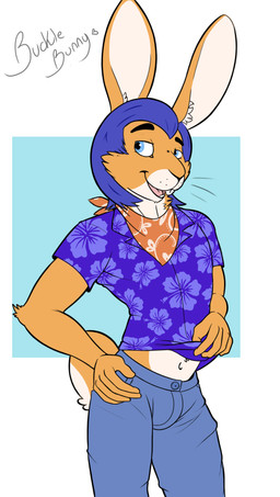 5_fingers aloha_shirt anthro blue_eyes blue_hair bottomwear buckteeth clothed clothing fingers fur hair hand_on_hip long_ears looking_at_viewer male midriff open_mouth open_smile orange_body orange_fur pants pattern_clothing pattern_shirt pattern_topwear shirt short_hair smile solo standing teeth topwear whiskers white_body white_fur bucklebunny tao_zee hare lagomorph leporid mammal hi_res portrait three-quarter_portrait